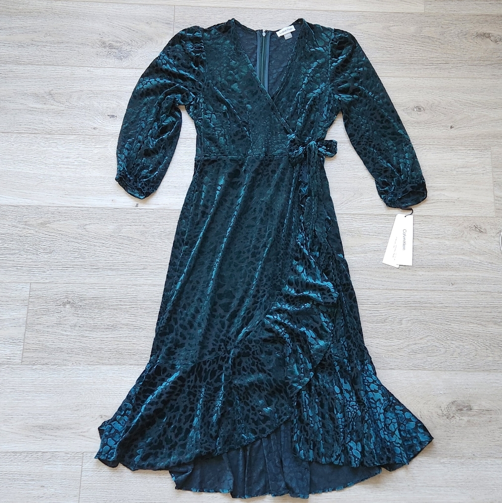 Calvin Klein Burnout Velvet Animal Print Dress Womens 8 Green Faux Wrap …